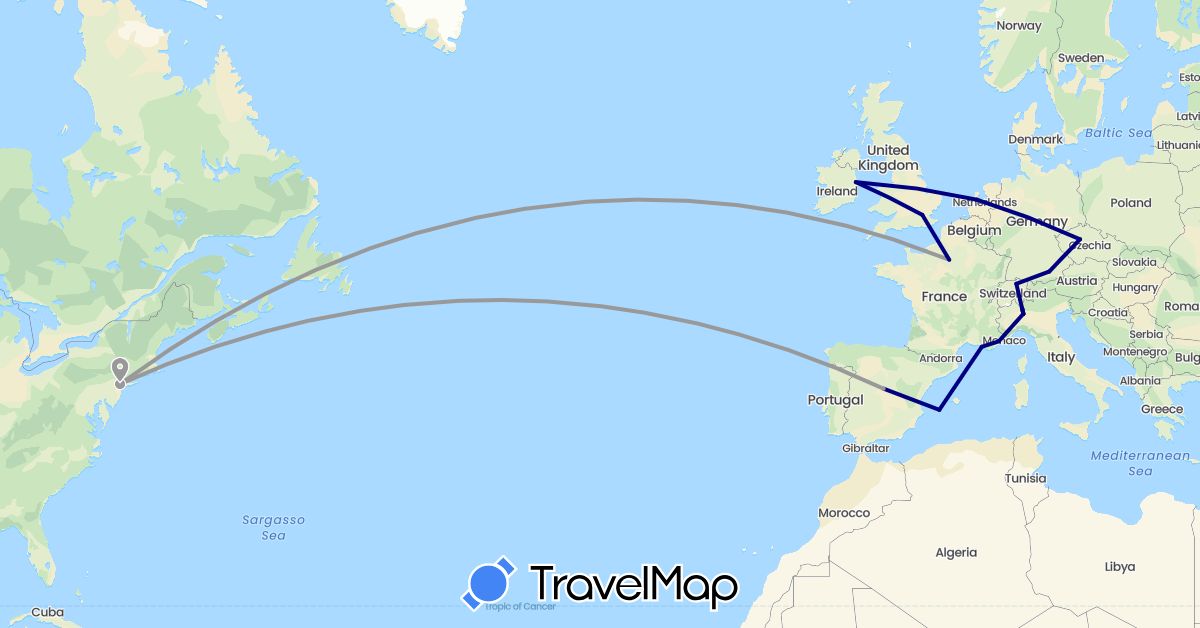 TravelMap itinerary: driving, plane in Switzerland, Czech Republic, Germany, Spain, France, United Kingdom, Ireland, Italy, Netherlands, United States (Europe, North America)