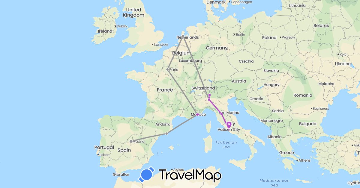 TravelMap itinerary: driving, plane, train in Spain, France, Italy, Monaco, Netherlands (Europe)