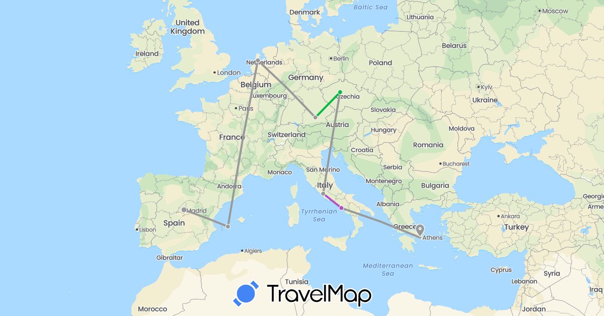 TravelMap itinerary: driving, bus, plane, train in Czech Republic, Germany, Spain, Greece, Italy, Netherlands (Europe)